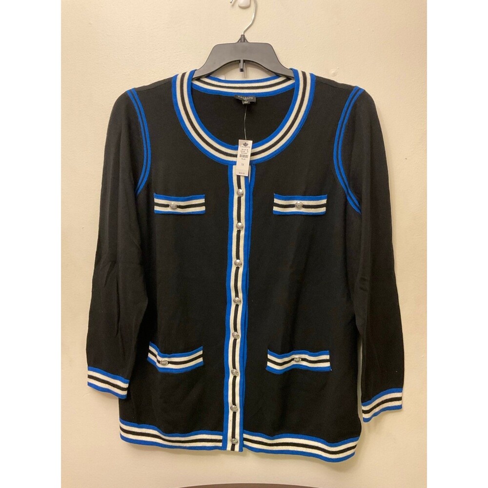 Talbots Women’s Long Sleeve Black Cardigan with White & Blue Trim Size 1X
